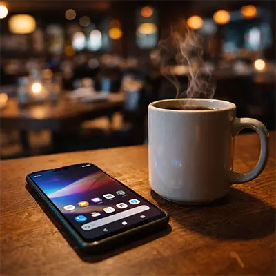 Android smartphone and coffee on wooden table in cozy restaurant setting