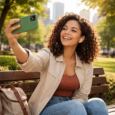 Woman in the park taking a selfie with her android phone