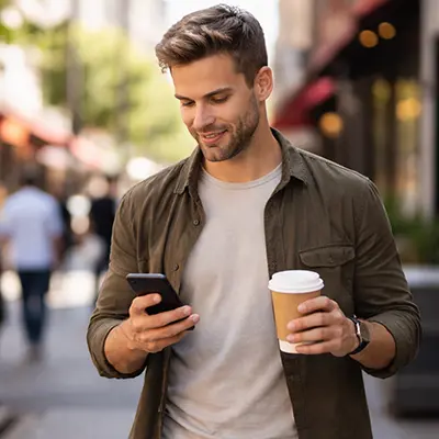 Man walking down the street looking at his smart phone checking it for photo tips 