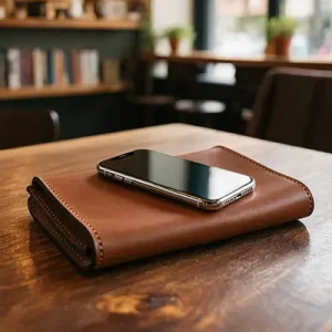 a mobile phone sitting  on a purse in a cafe