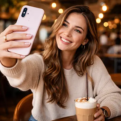 woman taking a selfie in a coffee shop. 
