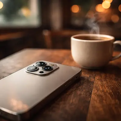 Iphone and cup of coffee on a table ins a cafe