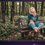 Photo of a girl posing in the wood on a bench while a person imports and edits the photo with On1 Photo RAW Mobile