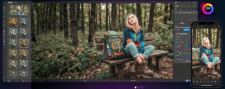 Photo of a girl posing in the wood on a bench while a person imports and edits the photo with On1 Photo RAW Mobile