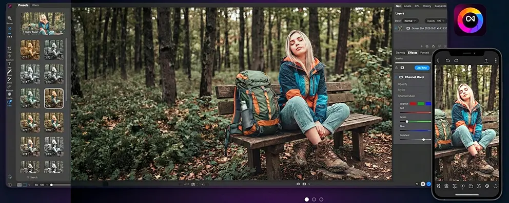 Photo of a girl posing in the wood on a bench while a person imports and edits the photo with On1 Photo RAW Mobile