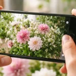 Woman holding her phone taking photos in a garden