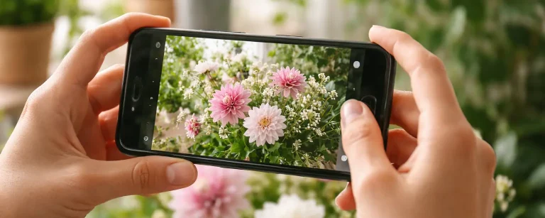Woman holding her phone taking photos in a garden
