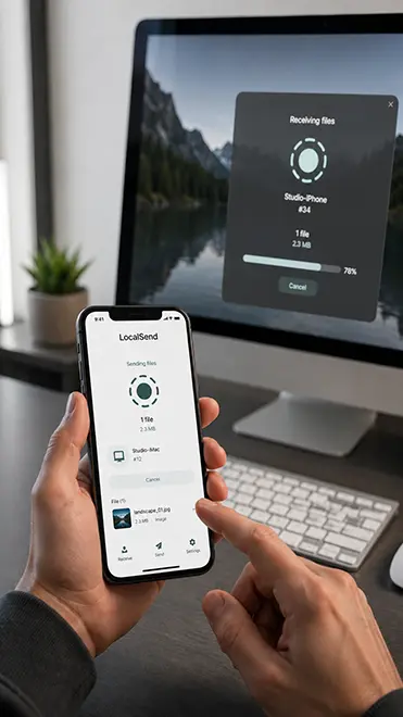 Hands use LocalSend review on a phone with a computer behind