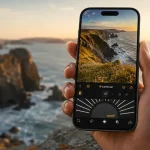 Luminar Mobile Editor shown on a phone editing a coastal travel photo.