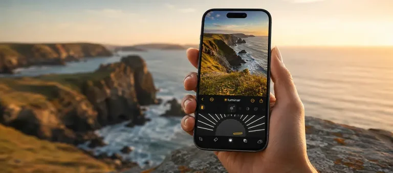 Luminar Mobile Editor shown on a phone editing a coastal travel photo.