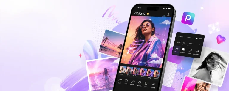 PicsART photo editor hero showing a phone with creative editing tools.