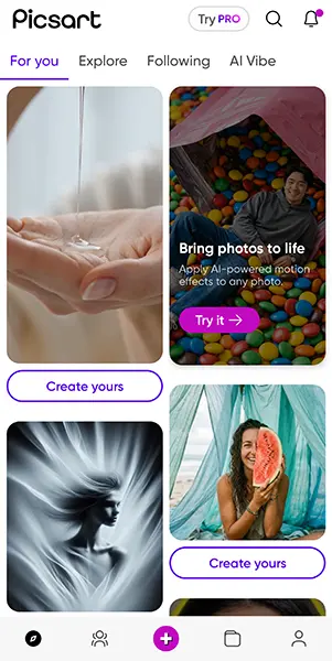 PicsART photo editor screen showing creative templates and app navigation.