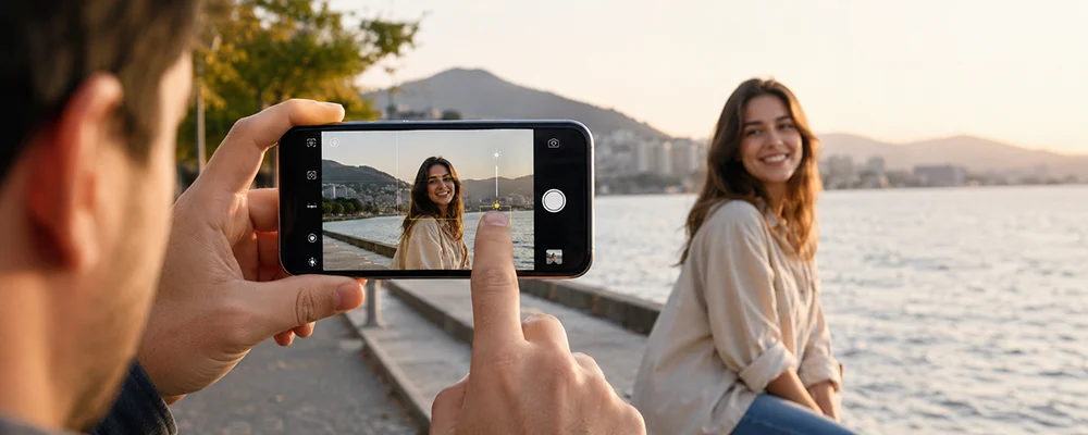 A person learns how to use your iPhone Camera for a waterfront portrait.