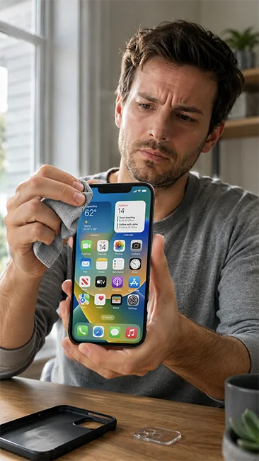 Man cleaning an iPhone screen for why are iphone photos blurry.