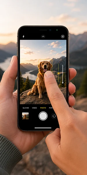 Hands adjust iPhone focus while photographing a dog in the mountains. Iphone Photography Tips