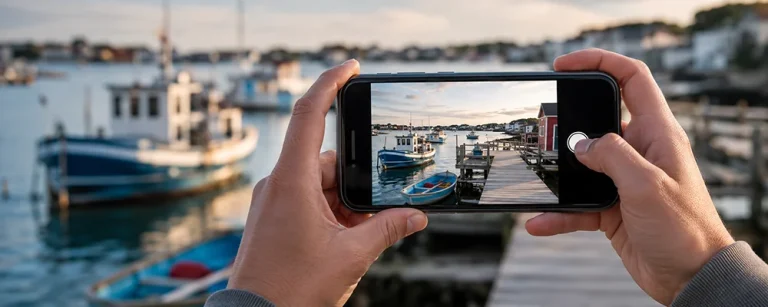Hands hold an iPhone photographing boats at a harbor dock.