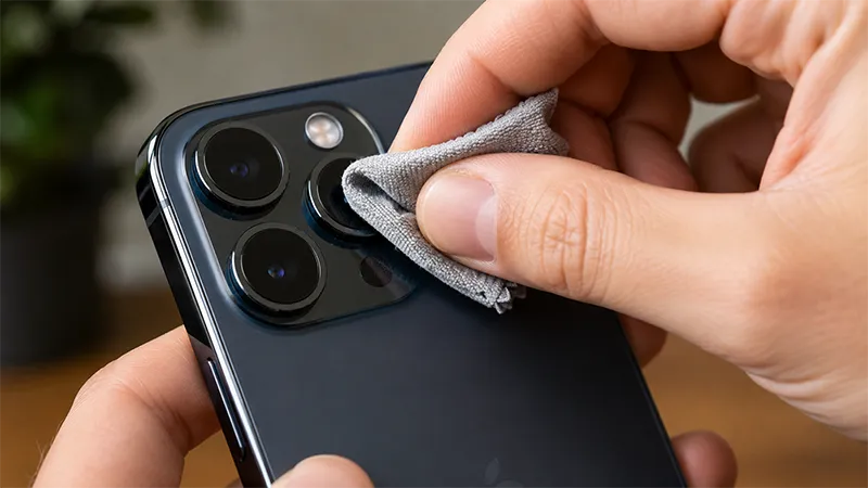 person cleaning his lens on an iPhone 
