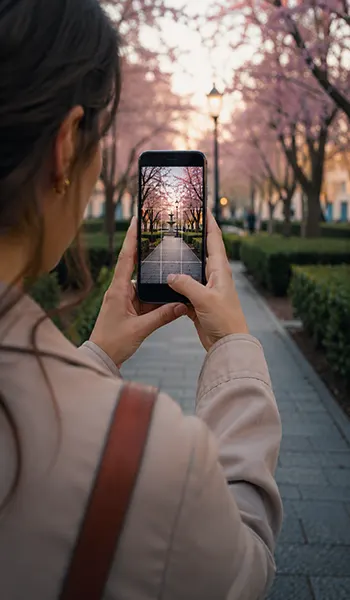 Person uses a smartphone grid to demonstrate Android photography tips composition.