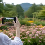Woman practices android photography tips while photographing flowers in a garden.
