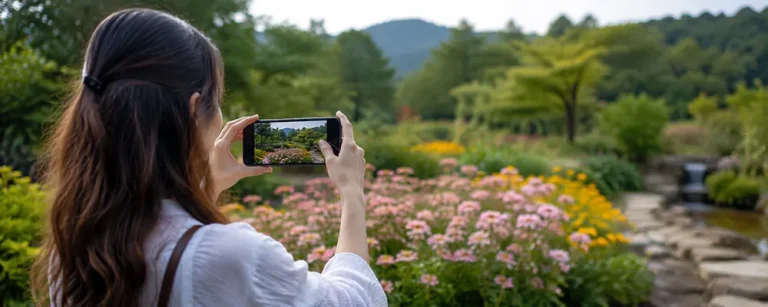 Woman practices android photography tips while photographing flowers in a garden.
