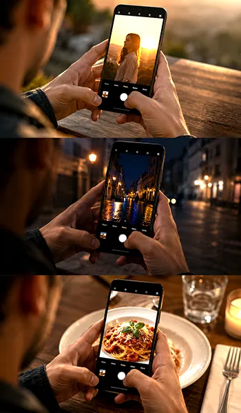Poster showing Android photography tips for composition across portraits, streets, and food.