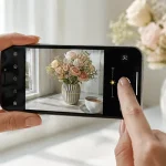 Hands adjust iPhone photo settings while photographing flowers by a window