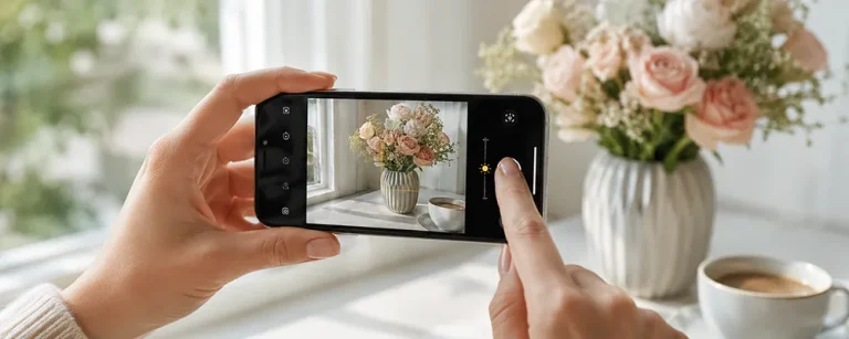 Hands adjust iPhone photo settings while photographing flowers by a window
