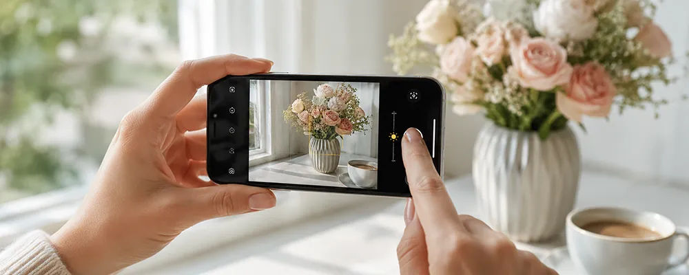 Hands adjust iPhone photo settings while photographing flowers by a window