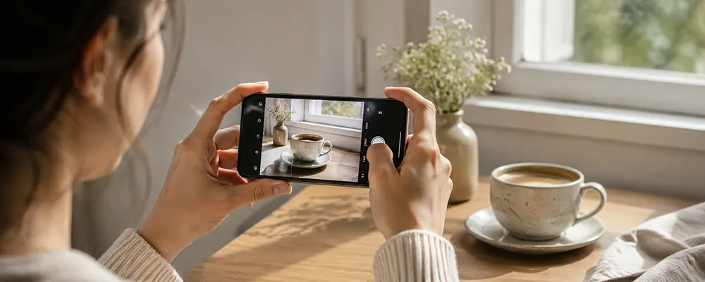 Woman photographs coffee while practicing iPhone photo tips for beginners.