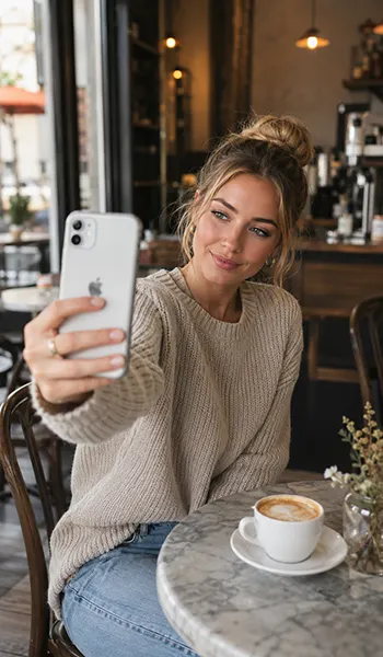 person taking a selfie in a cafe shop