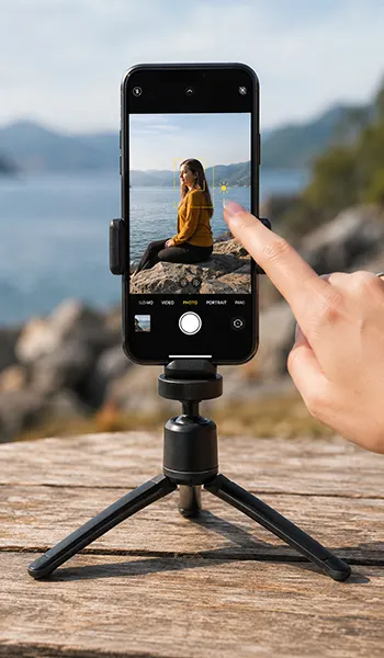 person using their iPhone timer on a tripod.