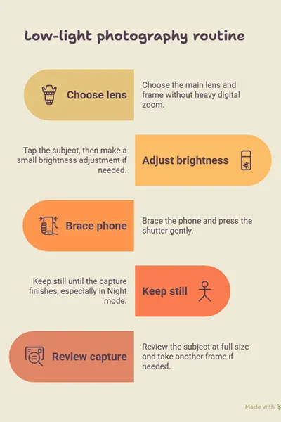 a simple chart explaining how to take sharp photos in low light